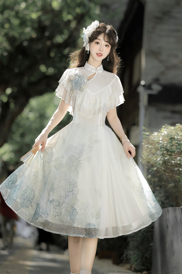 Blanc [Message Hydrangea] Manches courtes Imprimé Volant Dentelle Doux Style chinois Élégant Robe courte Lolita 