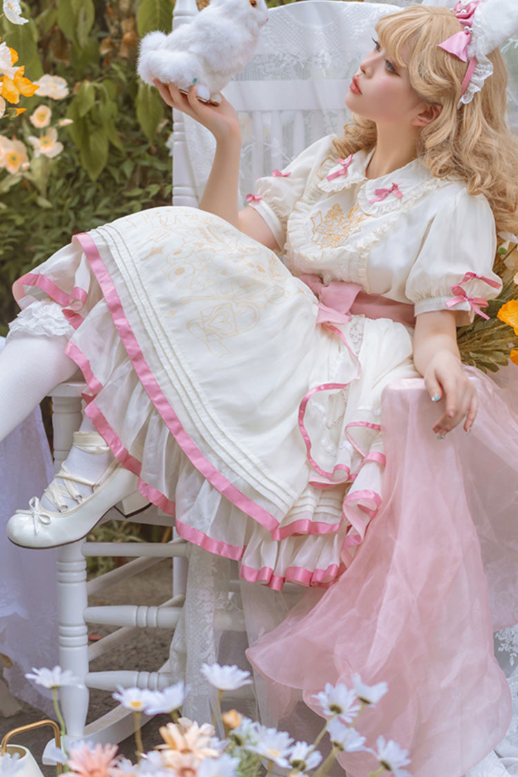 White/Pink Short Sleeves Multi-layer Ruffle Bowknot Sweet Lolita Dress