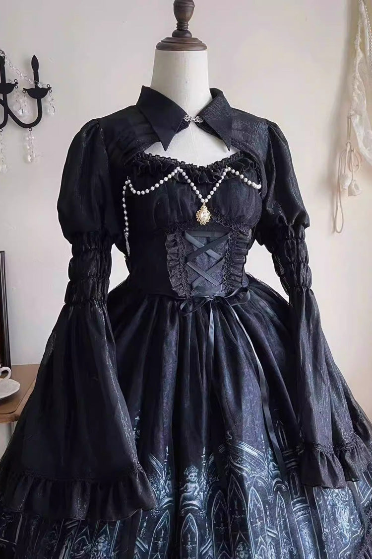 Black Sleeveless Church of Silent Night Print Ruffle Gothic Lolita Jsk Dress