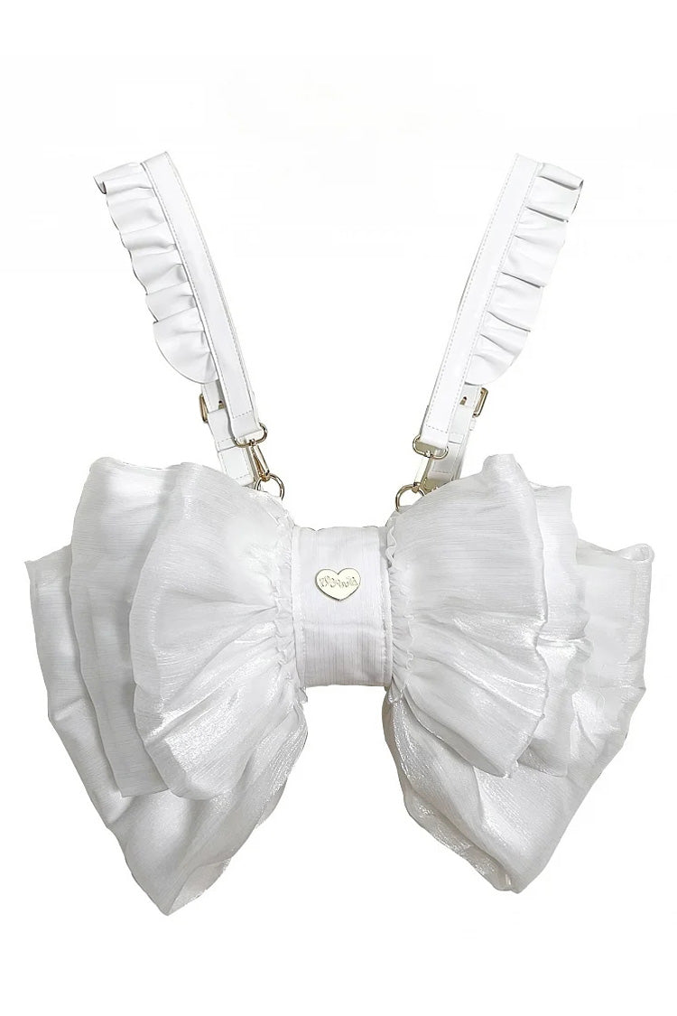 White Big Bowknot Metal Heart Nameplate Lolita Backpack