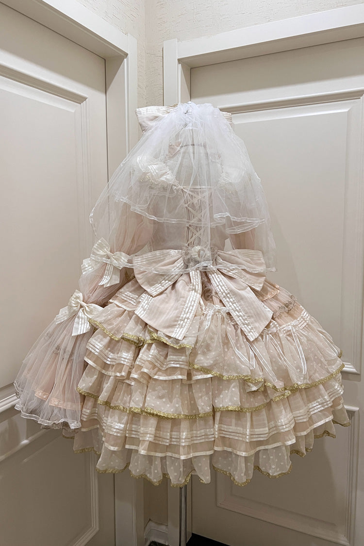 Aprikose [Krönung] Lange Trompetenärmel Mehrlagiges Rüschen Schleifen Spitze Süßes Wunderschönes Lolita-Kleid-Set 