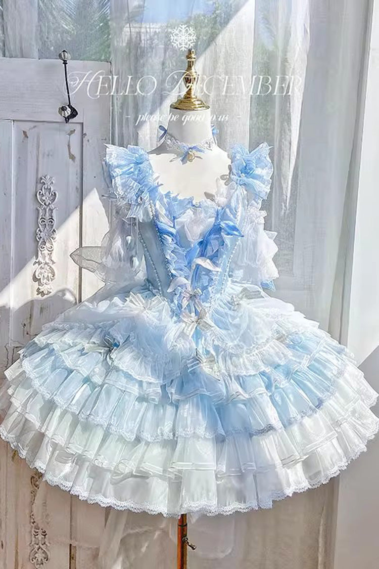 Blue [Tulip and Wind Chime] Multi-Layered Ruffle Bowknot Lace Sweet Gorgeous Lolita Jsk Dress
