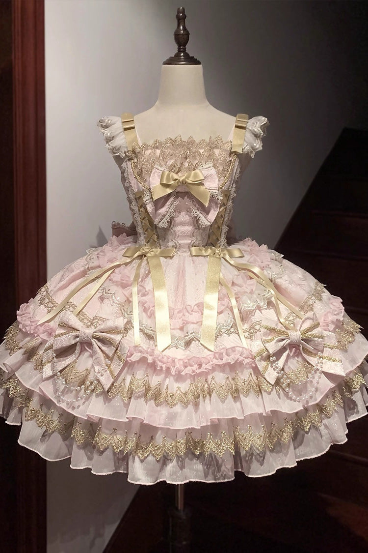 White [Gilded Memories] Sleeveless Double-Layered Ruffle Hot Stamping Bowknot Lace Sweet Lolita Jsk Dress