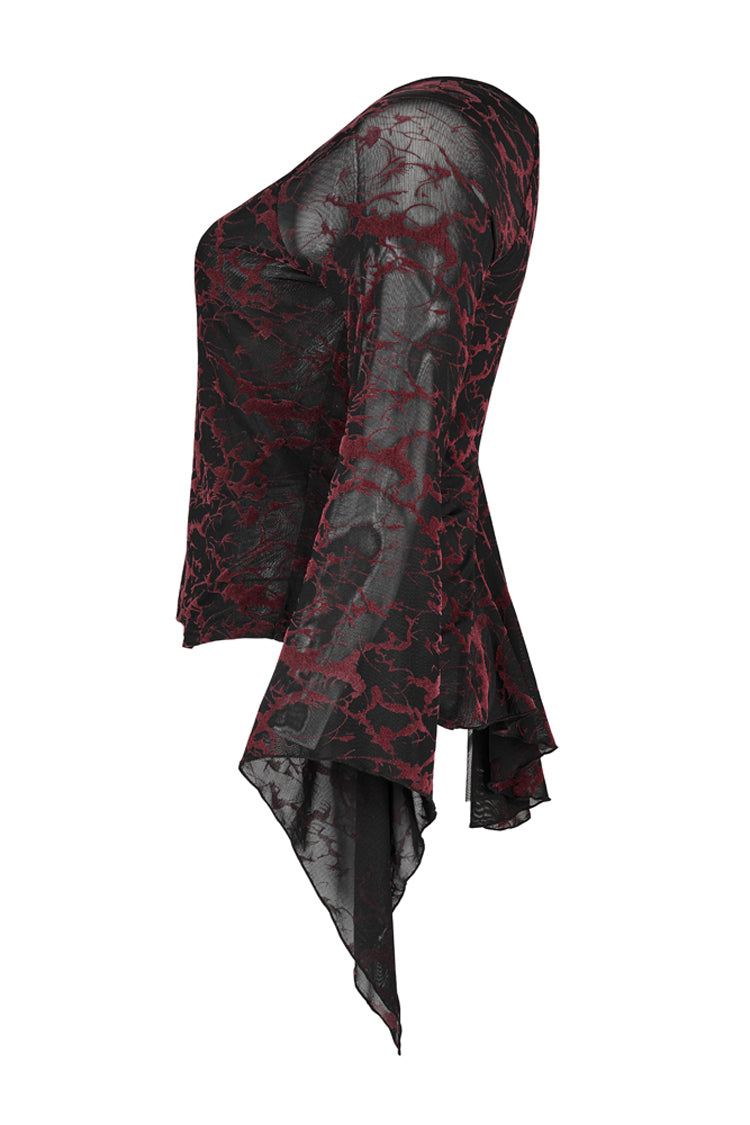 Rotes V-Ausschnitt-Stretch-Netzgewebe mit abstraktem Musterdesign und ausgestellten Bündchen, Gothic-T-Shirt für Damen in Übergröße