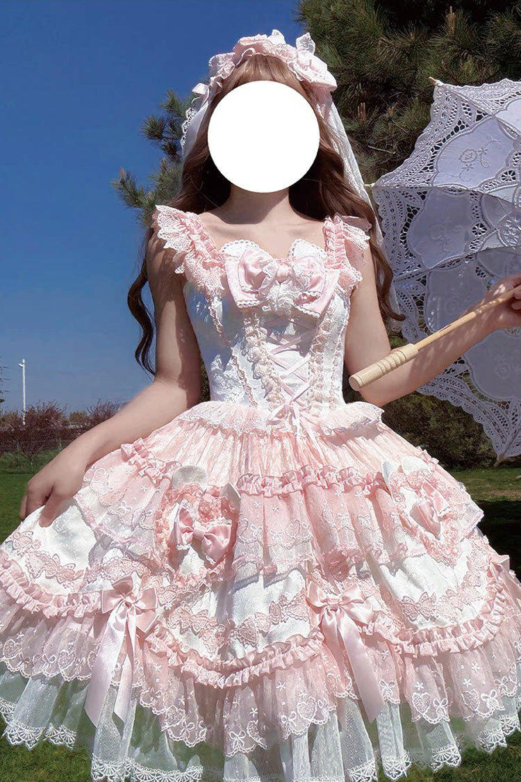 Rosa [Herzbär] Süßes Lolita JSK-Kleid mit quadratischem Kragen, Flatterärmeln, Jacquard, Rüschen, Schleife und Spitze