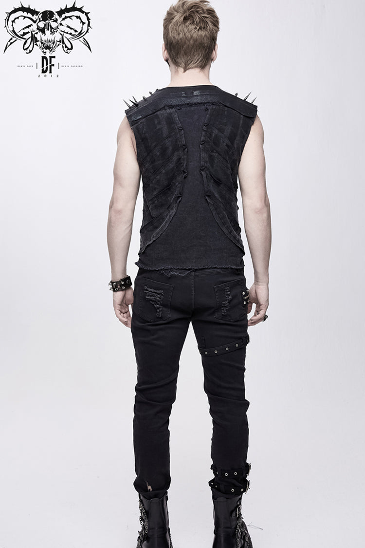 Black Patchwork Unedged Coarse Grain Leather Long Pointed Nails Distressed Men's Punk Vest