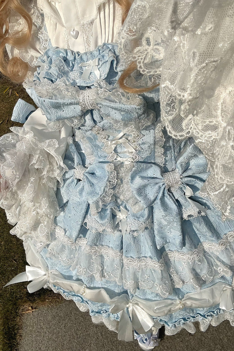Blue Sleeveless Multi-Layered Ruffle Bowknot Lace Sweet Plus Size Lolita Jsk Dress