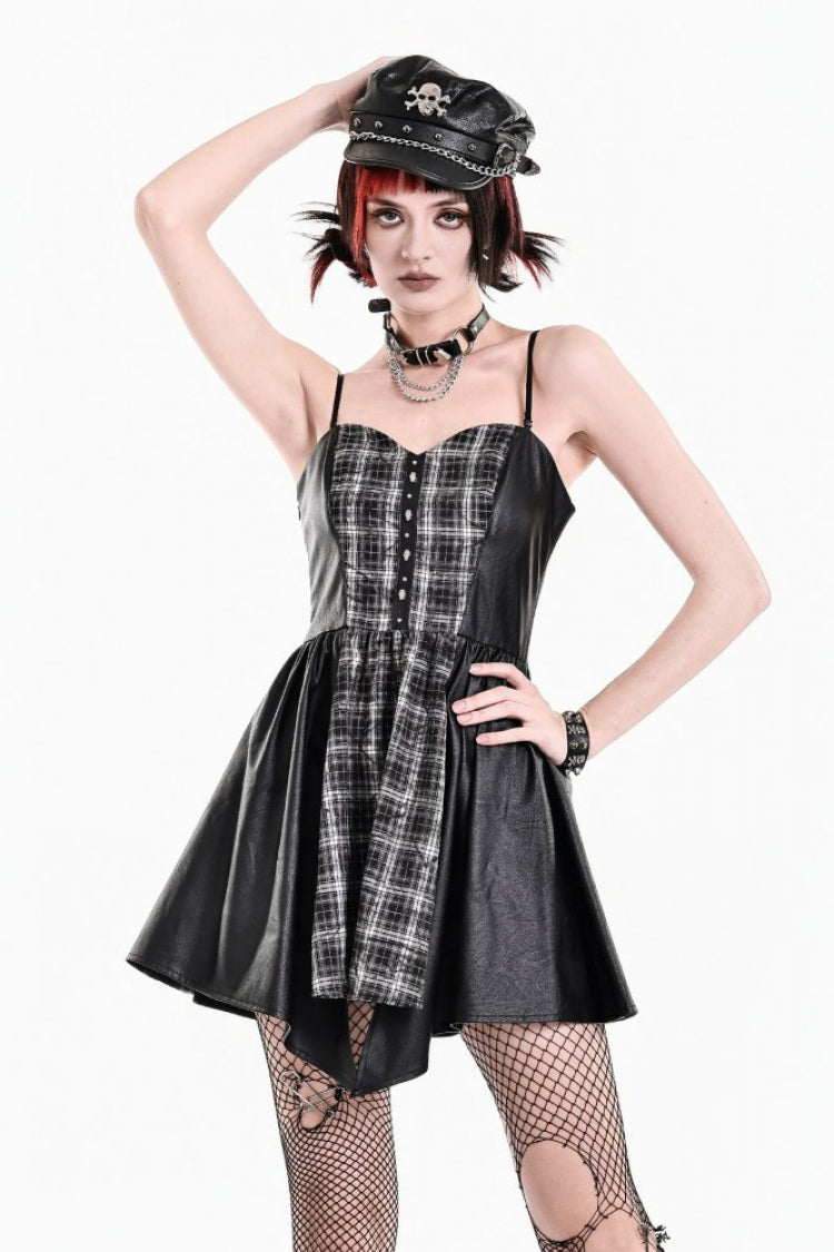 Schwarzes, tailliertes, kariertes Panel-Patchwork mit asymmetrischem Saum, Gothic-Slip-Kleid für Damen