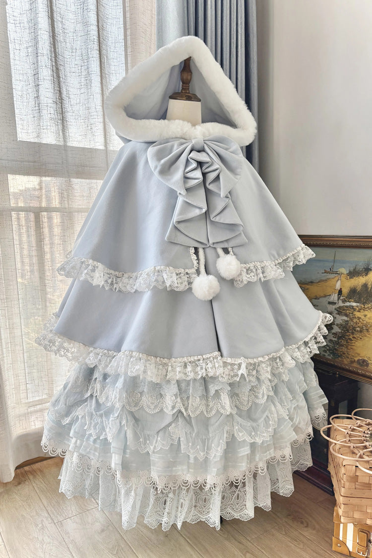 [Velvet Butterfly] Ruffle Bowknot Lace Hooded Sweet Lolita Dress Cloak Coat 4 Colors