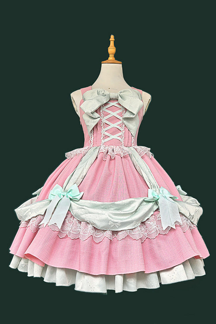 Pink [Gift Box] Sleeveless Double-Layered Ruffled Bow Lace-Up Sweet Lolita Jsk Dress