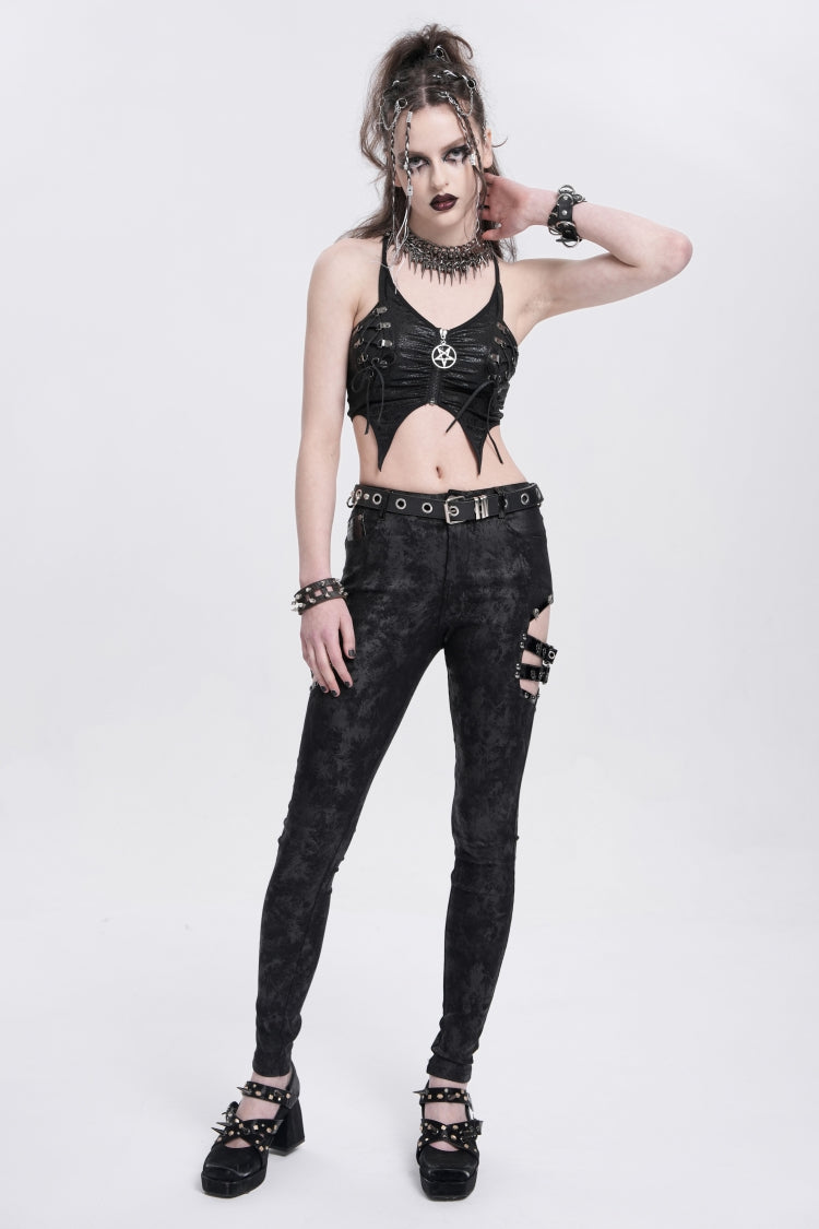 Black Print Cutout Buckle Women's Gothic Pants