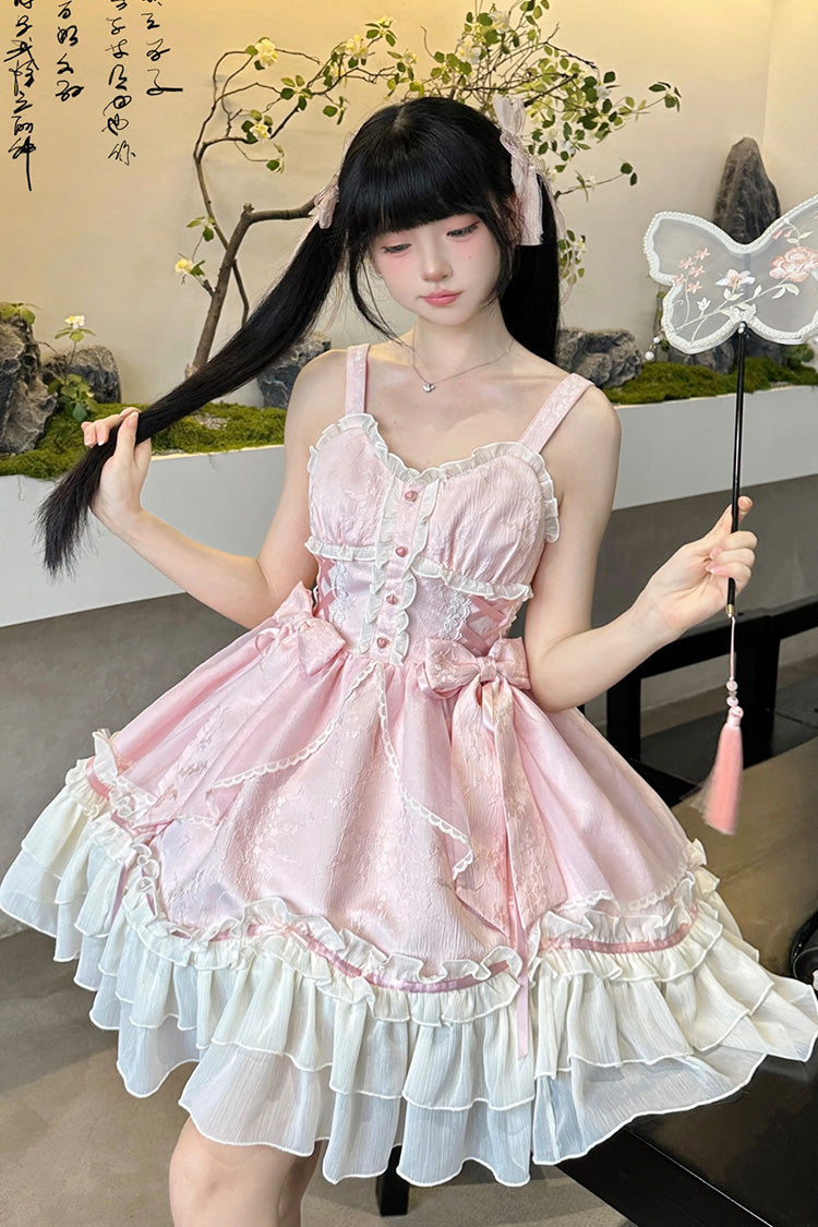Pink [Spring Flower Notes] Ruffle Bowknot Lace Sweet Princess Lolita Jsk Dress