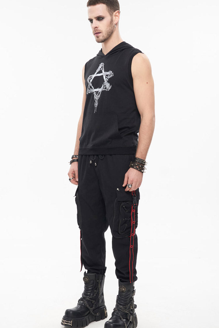Black Punk Multi Pocket Webbing Decorative Drawstring Men's Long Pants