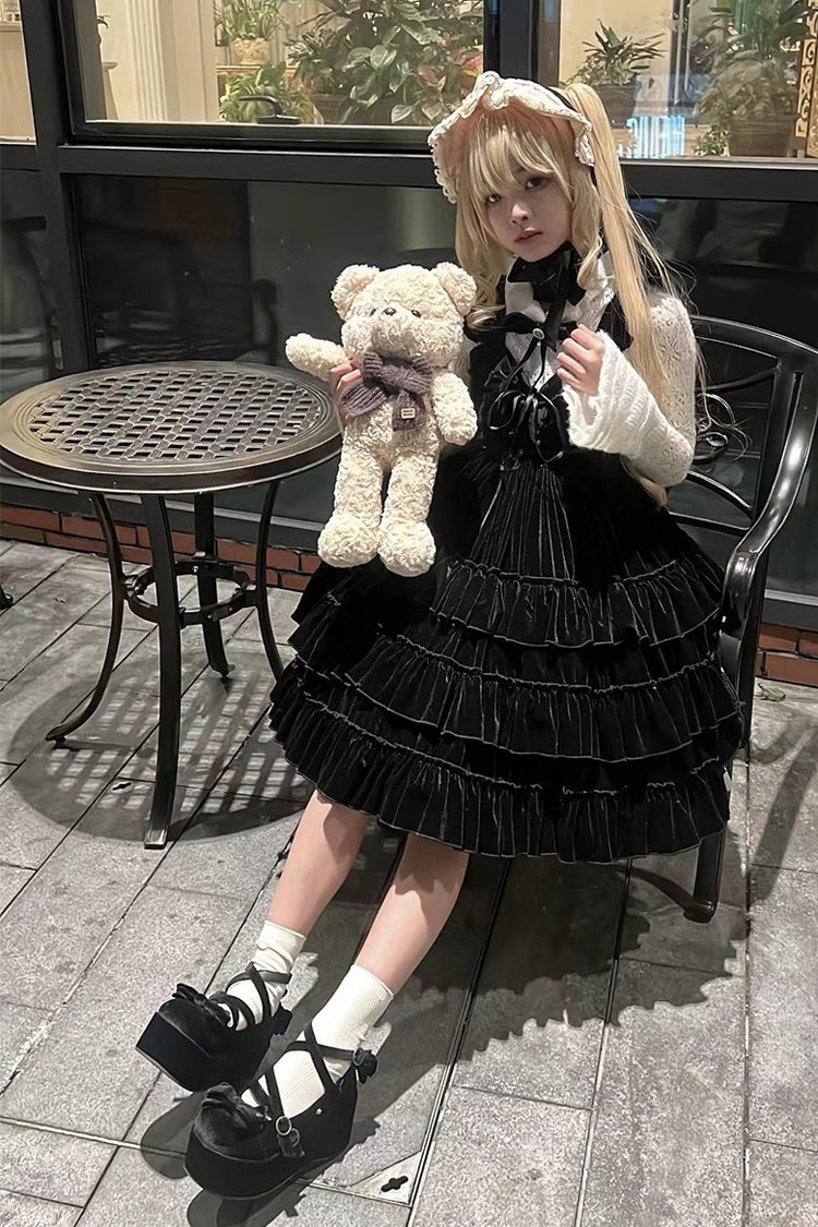 [Sponge Cake] Multi-Layered Ruffle Lace-Up Gothic Lolita Jsk Dress 2 Colors