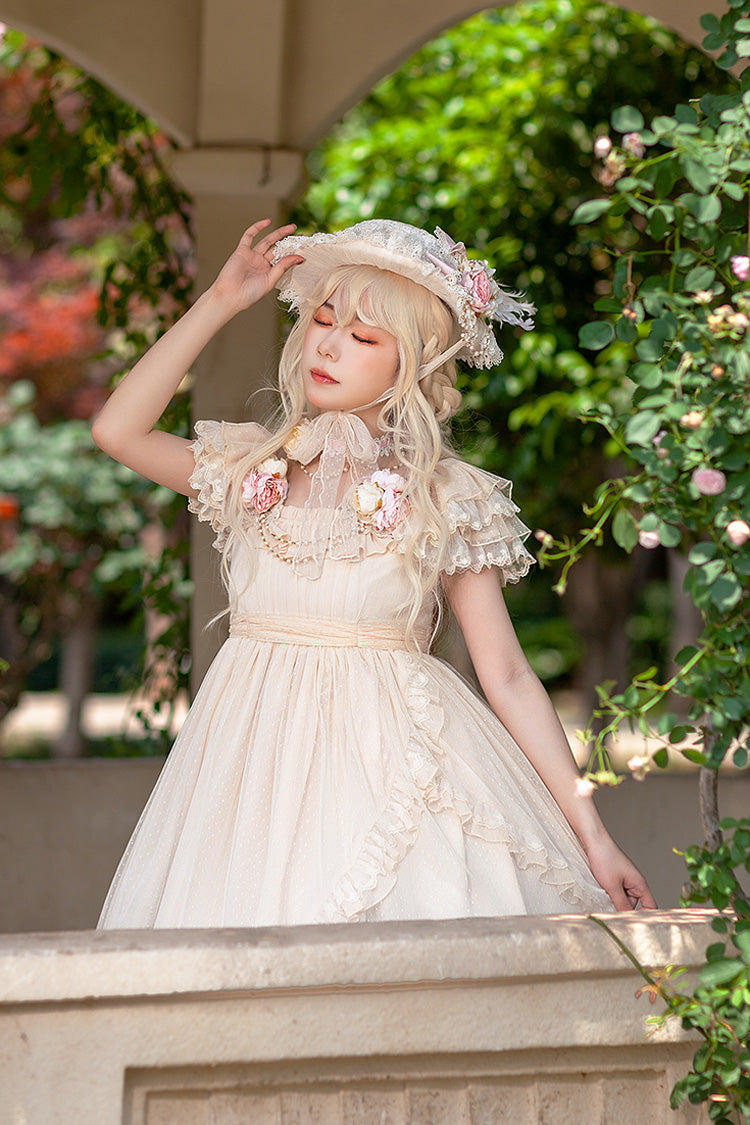 Aprikose [Mondgöttin *Mediana*] Polka Dot Print Rüschen Schleifen Asymmetrisches Süßes Elegantes Lolita Kleid 