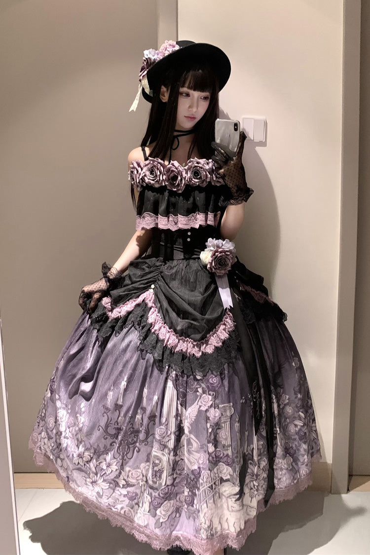 Black/Purple [Angel Garden] Sleeveless Print Ruffle Bowknot Lace Sweet Gothic Lolita Skirt Set