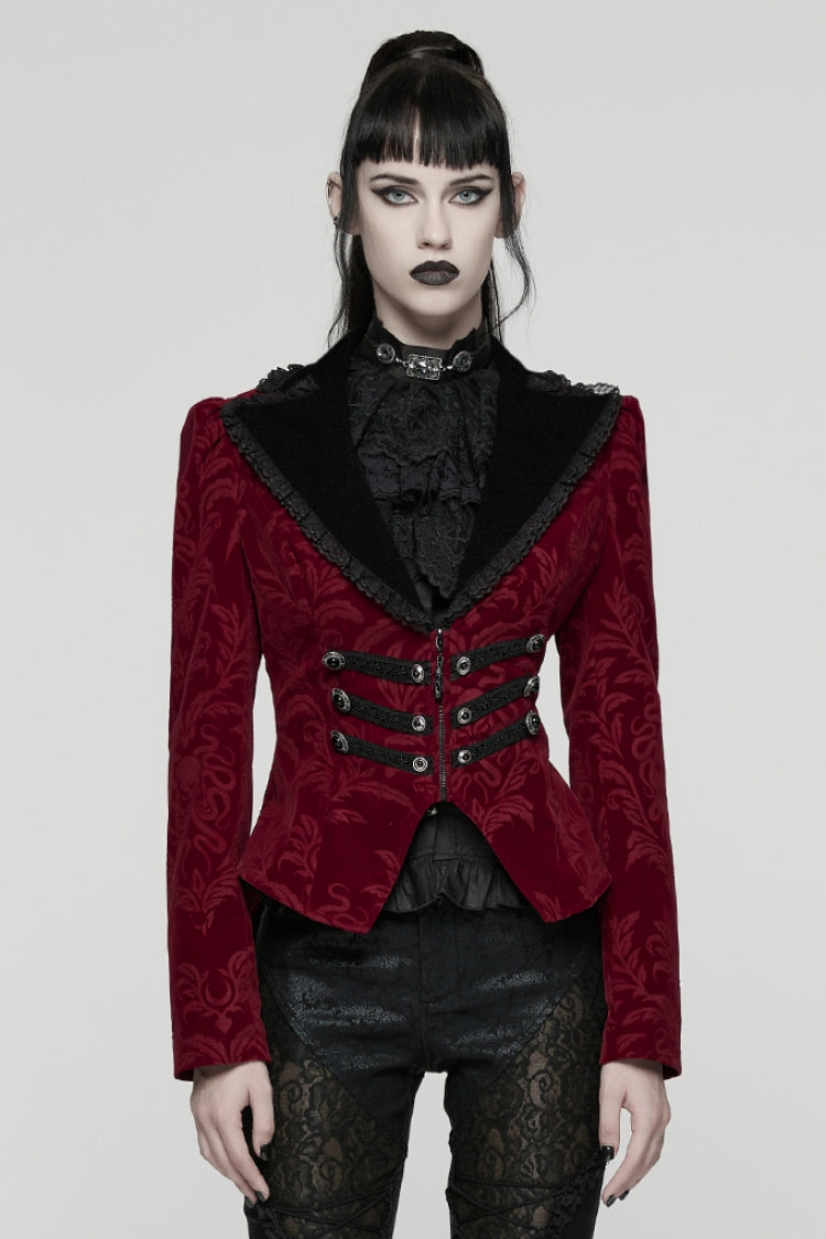 Red/Black Lapel Collar Long Sleeves Lace-Up Zipper Women's Punk Coat