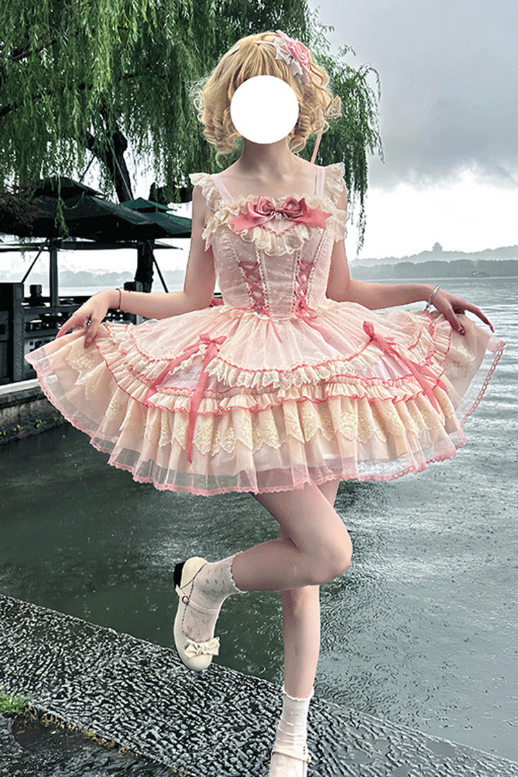 Pink [Candy House] Sleeveless Ruffle Bowknot Lace Lace-Up Sweet Lolita Jsk Dress