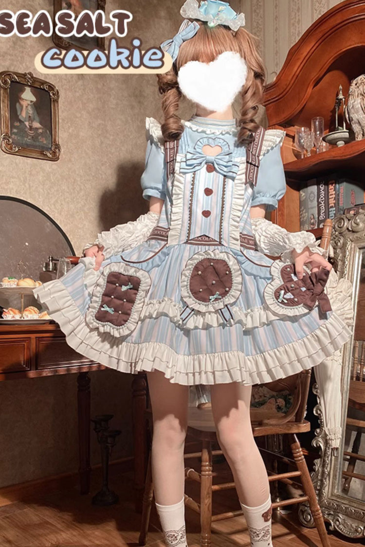 Light Blue Sea Salt Cookies Short Sleeves Print Ruffle Bowknot Sweet Lolita Dress