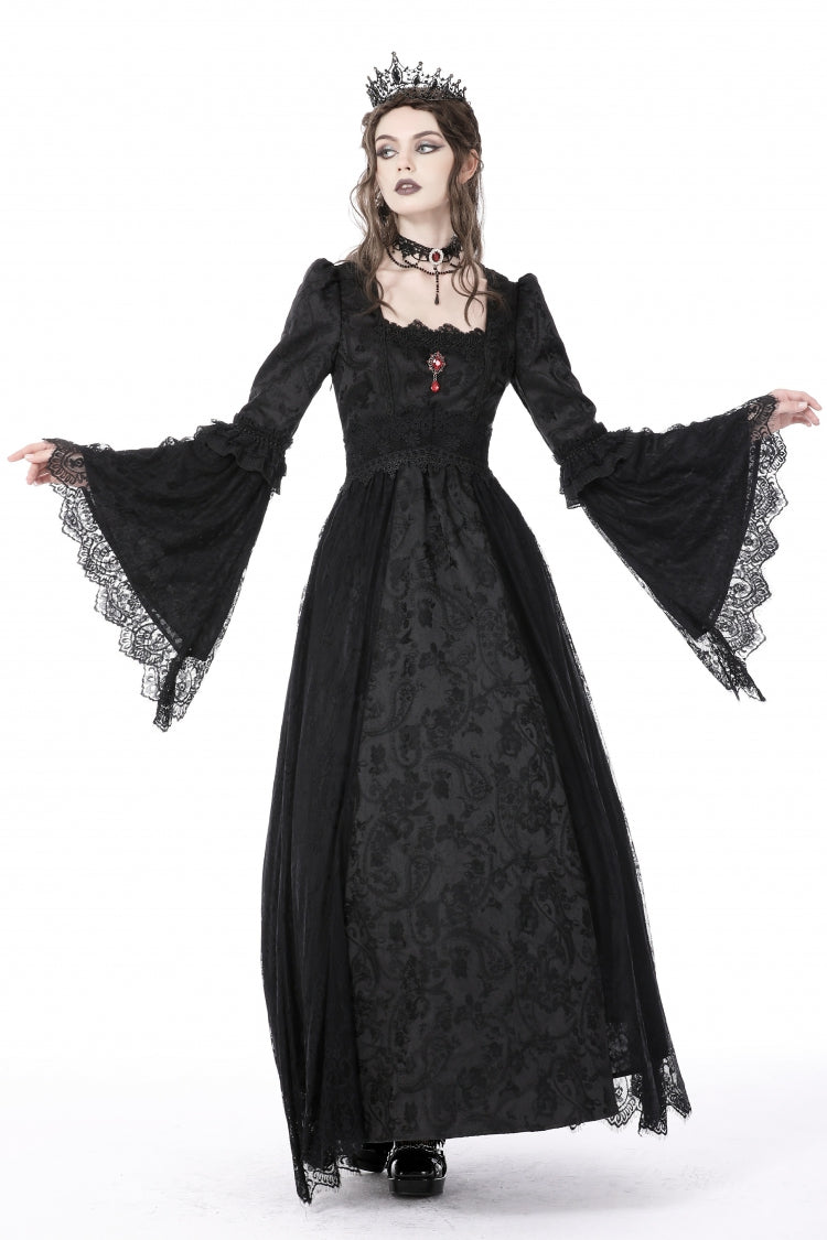 Schwarzes Gothic-Maxi-Brautkleid für Damen mit quadratischem Kragen, langen Hime-Ärmeln und bestickter Spitze
