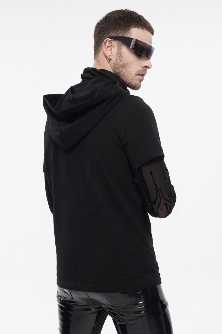 Black Paneled Mesh Long Sleeve Super High Collar Masked Circuit Diagram Printed Hooded Knitted Men's Punk T-Shirt