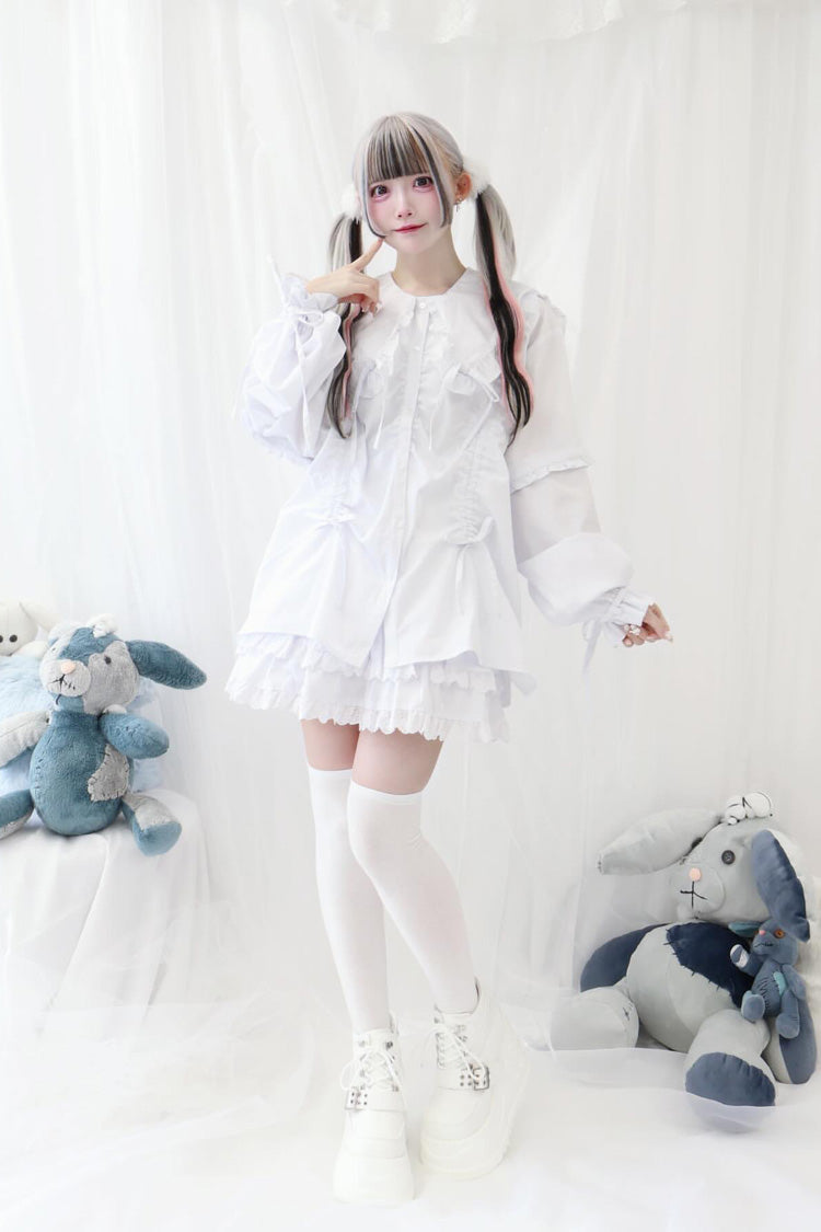 Doll Collar Long Sleeves Ruffle Bowknot Sweet Jirai Kei Japanese Blouse 3 Colors