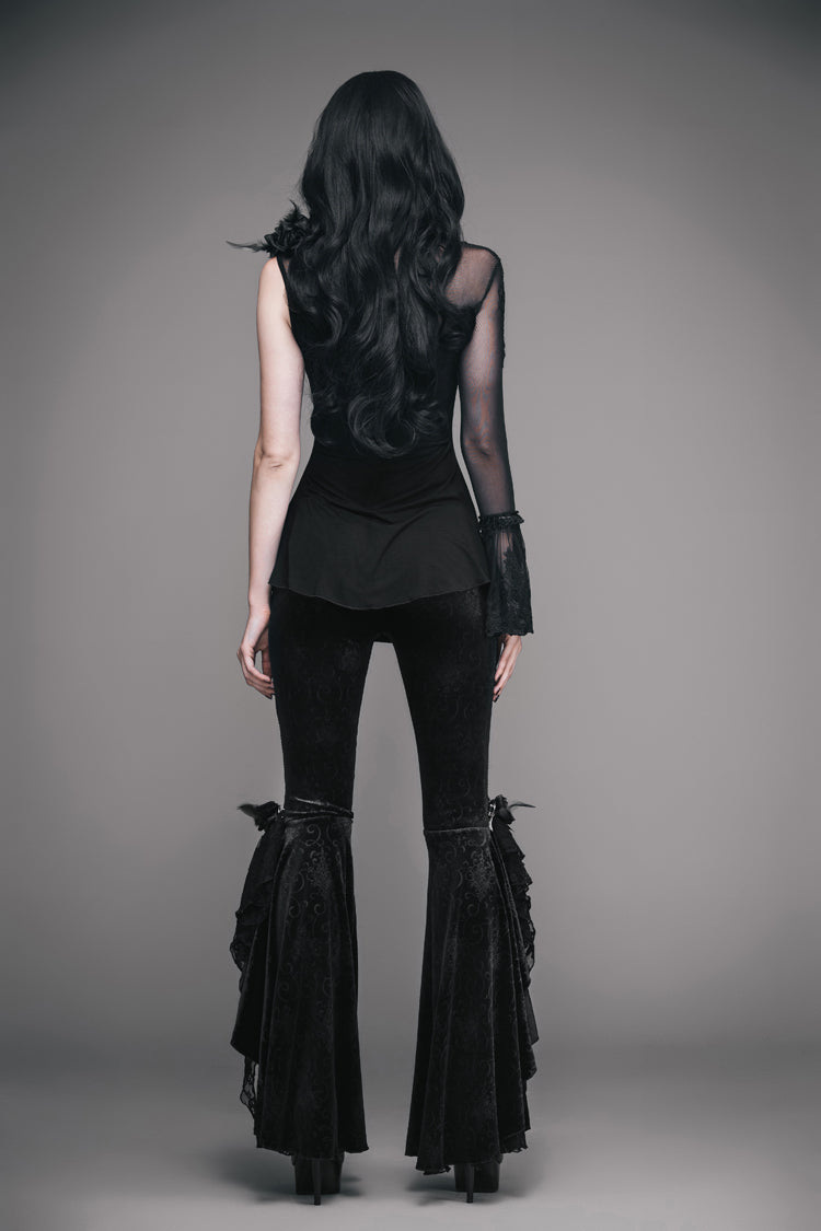 Schwarze Schulteraufkleber Federdekoration Einärmeliges Splice Mesh Damen Gothic Strick