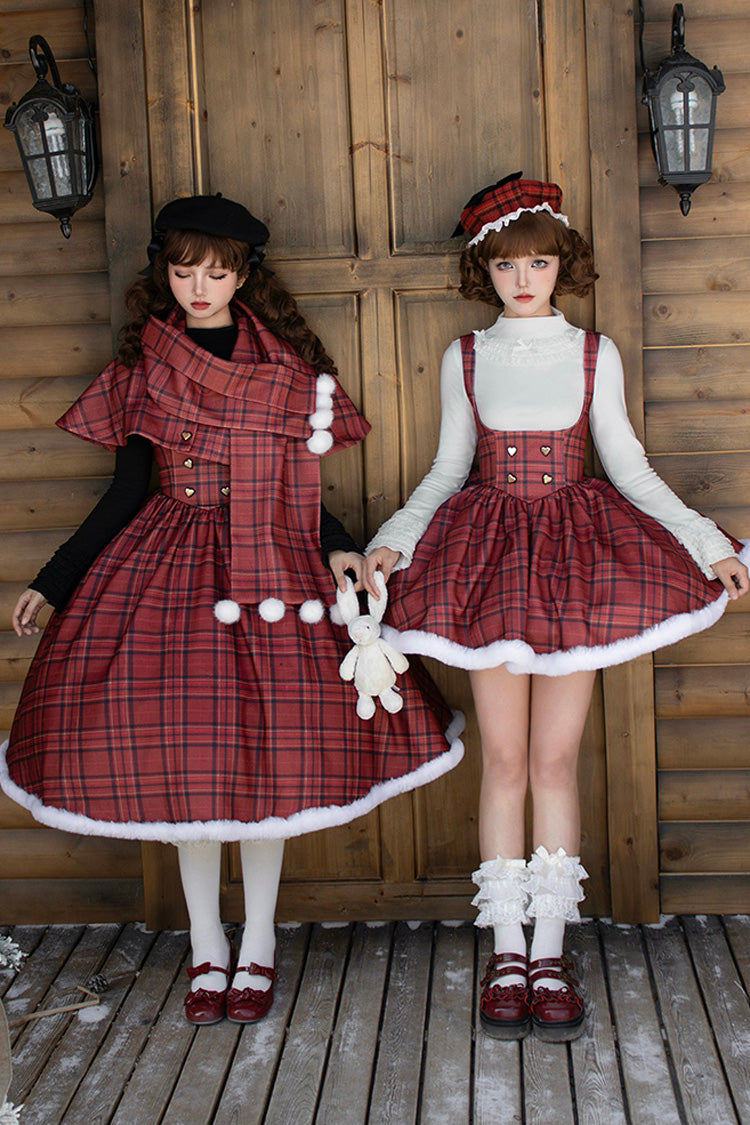 Red Striped Plaid Print Fall Winter Fishbone Sweet Corset Lolita Dress 2 Versions