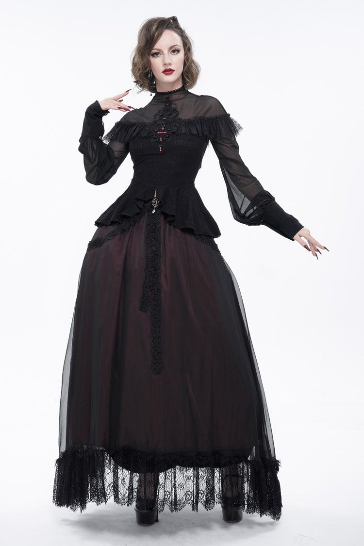 Schwarzes, sexy Rollkragen-Spitzen-Panel aus Netzstoff mit Laternenärmeln im Retro-Look für Damen im Gothic-Stil