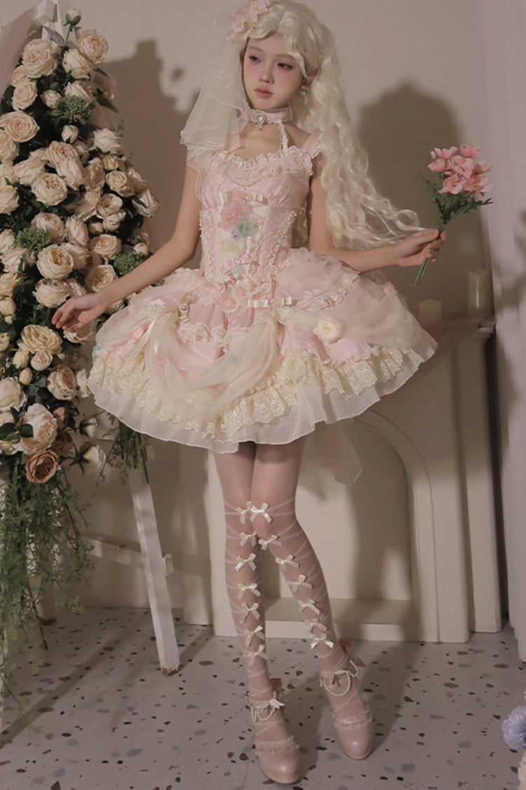 Pink [Dream Garden] Ruffle Hanayome Embroidery Bowknot Lace Fishbone Sweet Princess Gorgeous Lolita Jsk Dress