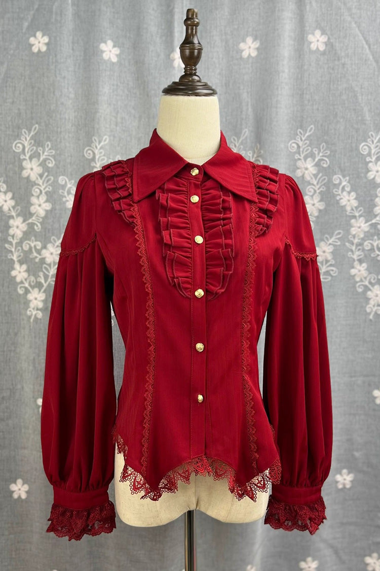 [Späte Nacht] Reverskragen Langarm Rüschen Spitze Schlanke Süße Lolita Bluse 6 Farben 