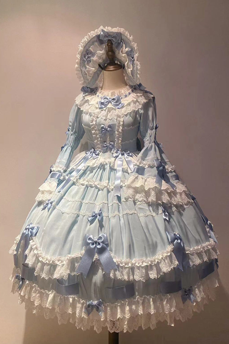 Blue Round Collar Long Trumpet Sleeves Hanayome Bowknot Lace Daily Sweet Elegant Princess Lolita Dress