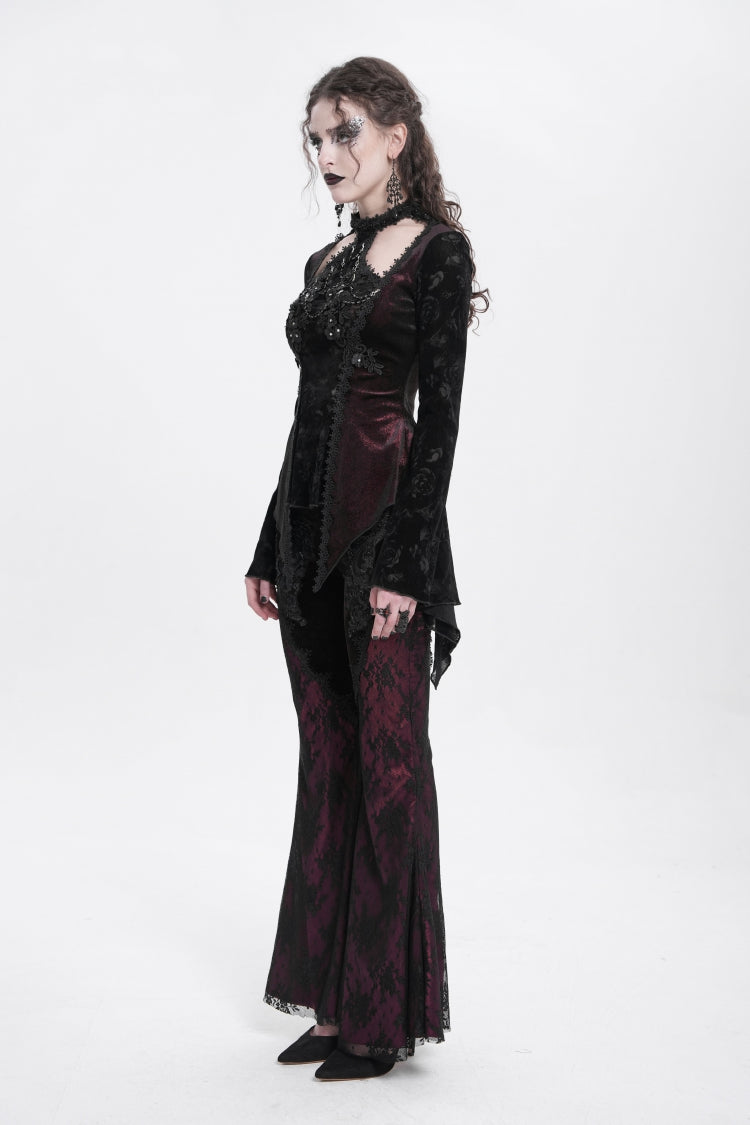 Red Long Trumpet Sleeves Jacquard Cutout Women's Gothic Blouse