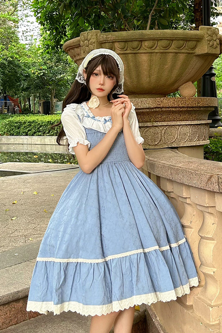 Blue Print Ruffle Stitching Lace Sweet Lolita Strap Dress Set