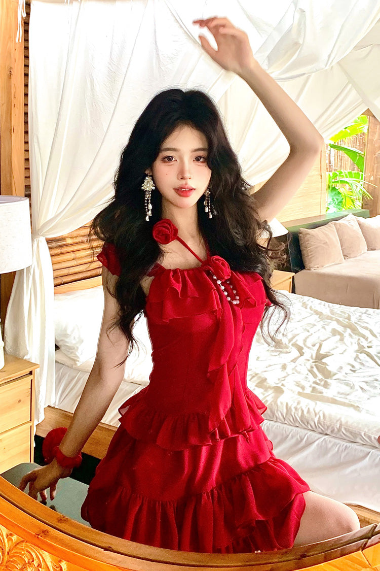 Red [Summer Seaside] Short Sleeves Triple-Layered Ruffle Bowknot Irregular Holiday Style Sweet Lolita Dress
