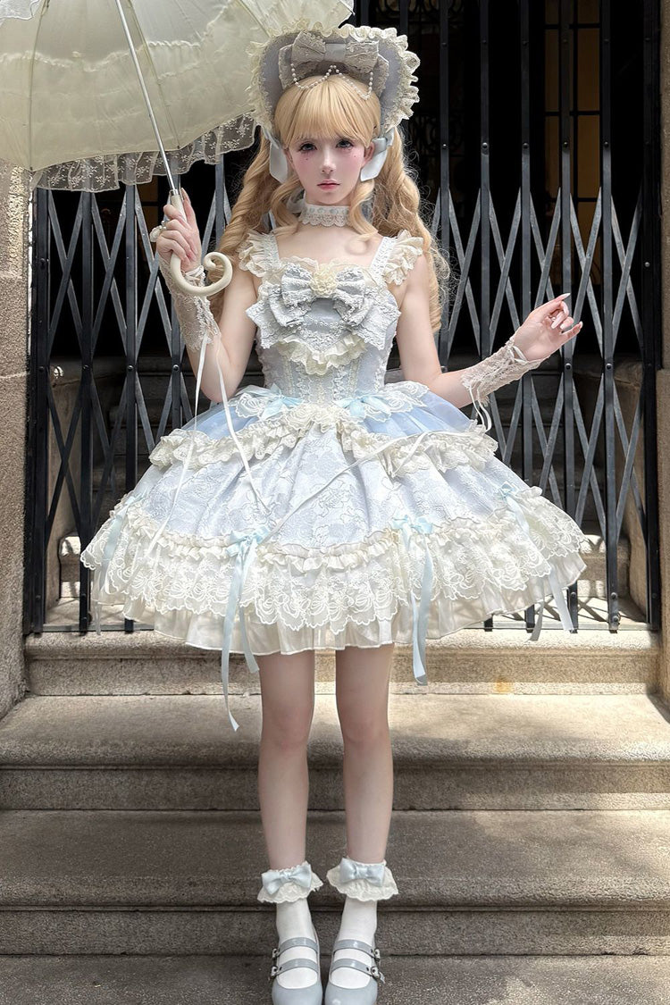 Blue [Blossoming Heart Love ] Sleeveless Dark Jacquard Print Bowknot Lace Sweet Lolita Jsk Dress