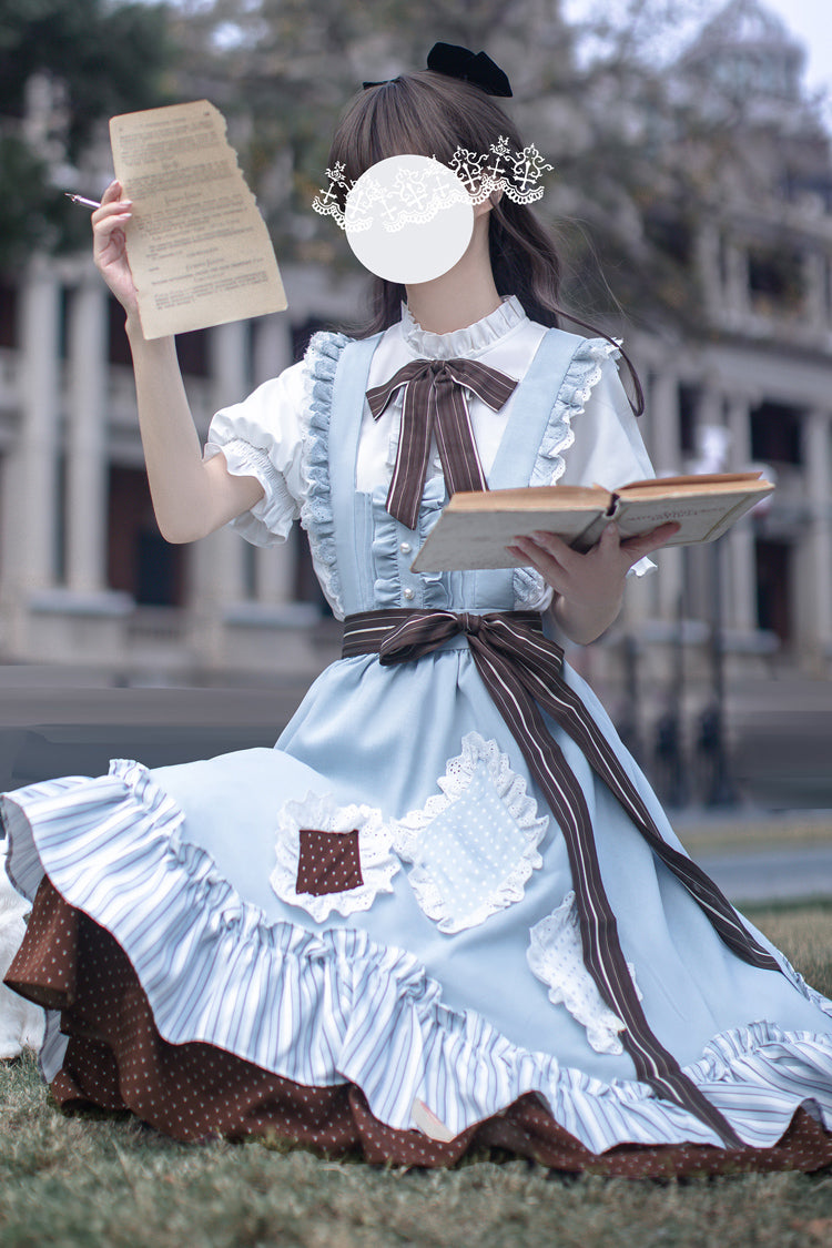 Blue [Magic Vocal Club] Sleeveless Print Ruffle Bowknot Sweet Alice College Style Elegant Lolita Jumper Dress