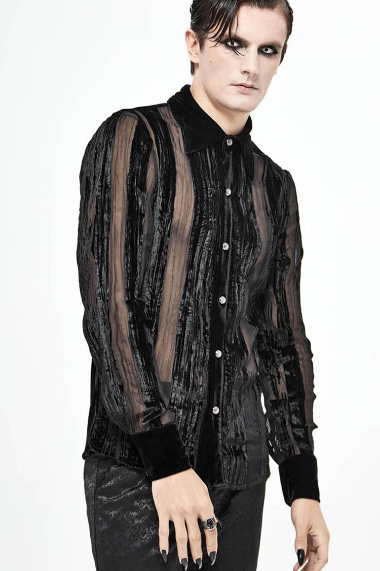 Black Striped Velvet Fold Mushroom Metal Buckles Long Sleeve Irregular Men's Gothic Shirt