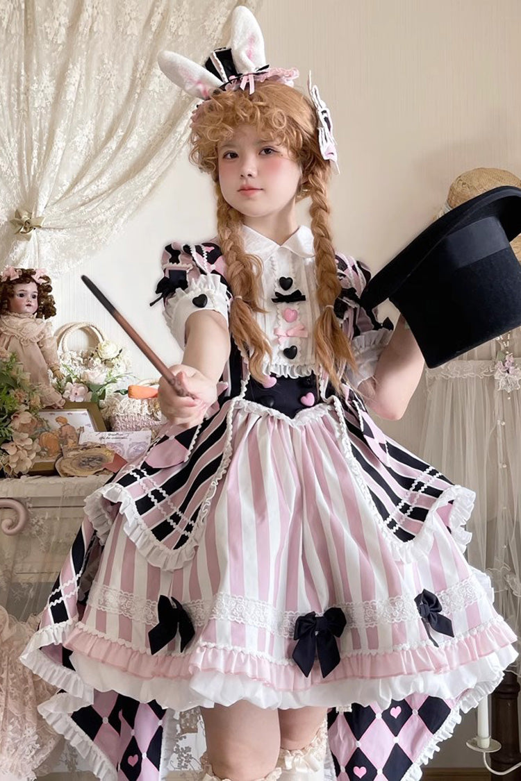 Black/Pink Short Sleeves Weird Theater Print Ruffle Bowknot Sweet Lolita Dress
