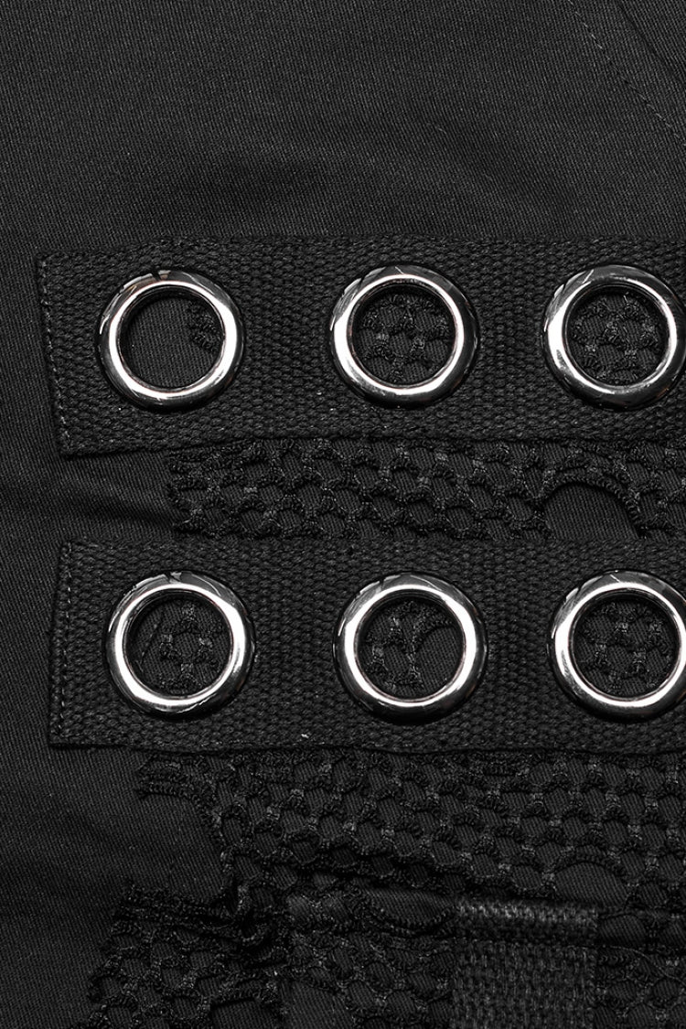 Black Stitching Mesh Metal Ring Decoration Men's Steampunk Pants