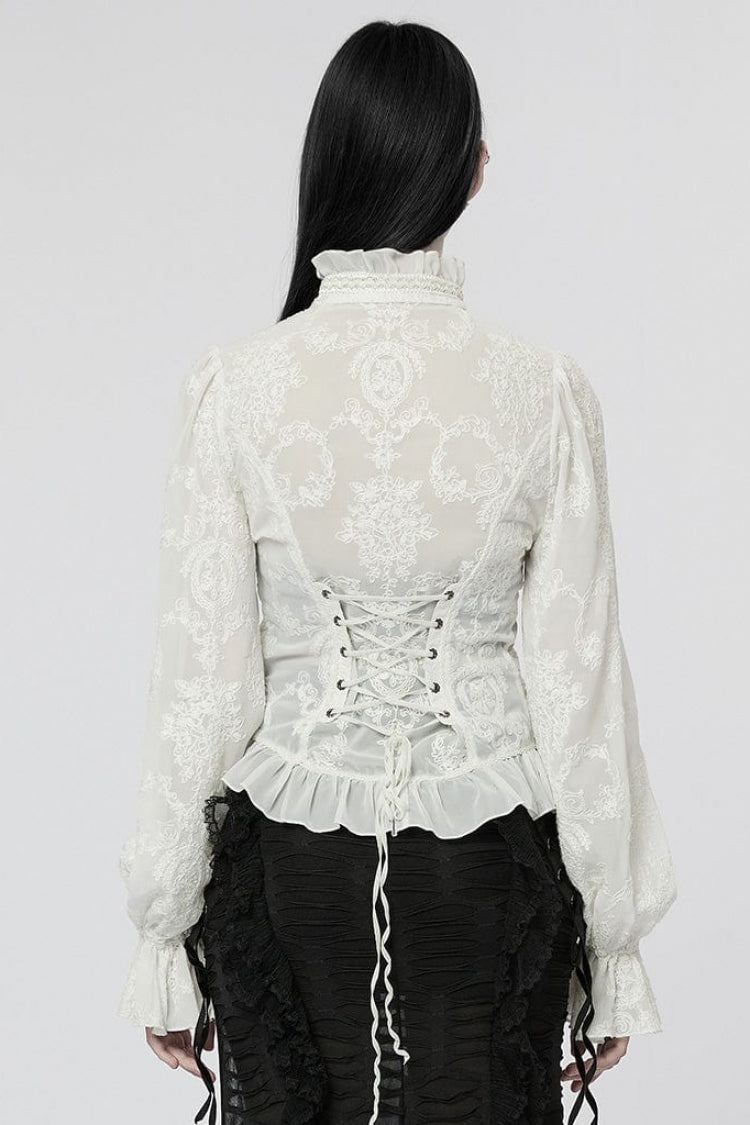 Stand Collar Long Puff Sleeves Embroidery Womens Gothic Blouse 2 Colors