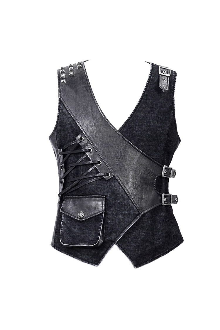 Black V Neck Asymmetric Lace Up Leather Loop Shoulder Rivet Corduroy Men's Punk Waistcoat