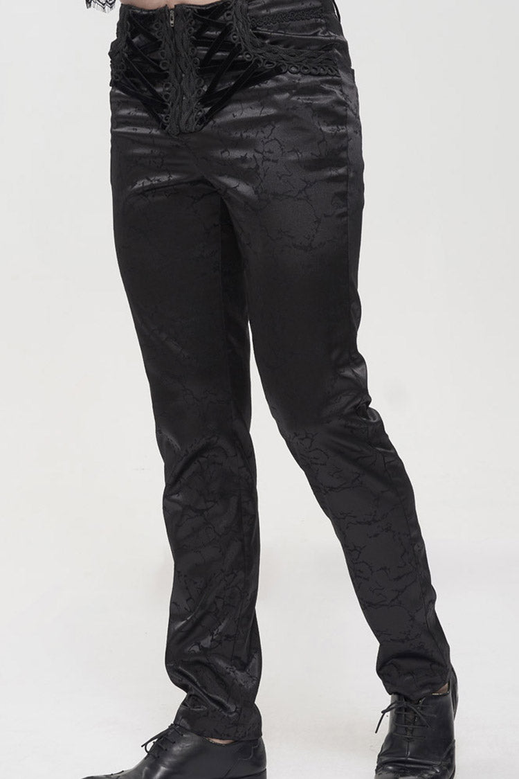 Black Gothic Glossy Pattern Drawstring Lace Decoration Men's Pants