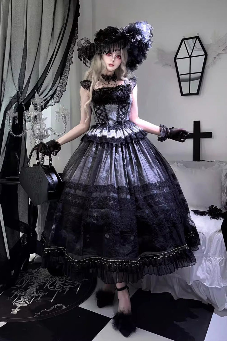 Grey/Blue [Mist-shrouded Vineyard] Sleeveless Ruffle Bowknot Lace-Up Sweet Lolita Jsk Skirt Dress Set