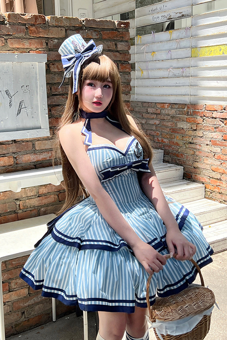 Blue [Sailing Sweetheart] Double-Layered Vertical Stripes Print Ruffle Bowknot Sweet Lolita Dress