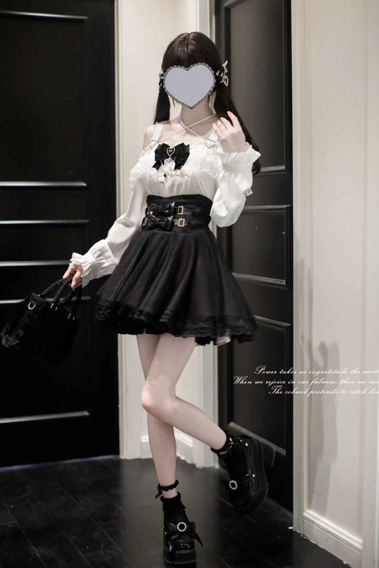 Black Solid Color Bowknot Sweet Jirai Kei Japanese Skirt