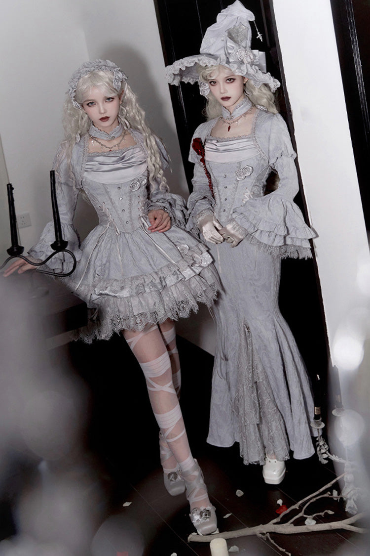 Silver Grey [Twilight] Multi-Layered Ruffle Hollow Lace Gothic Witch Lolita Skirt