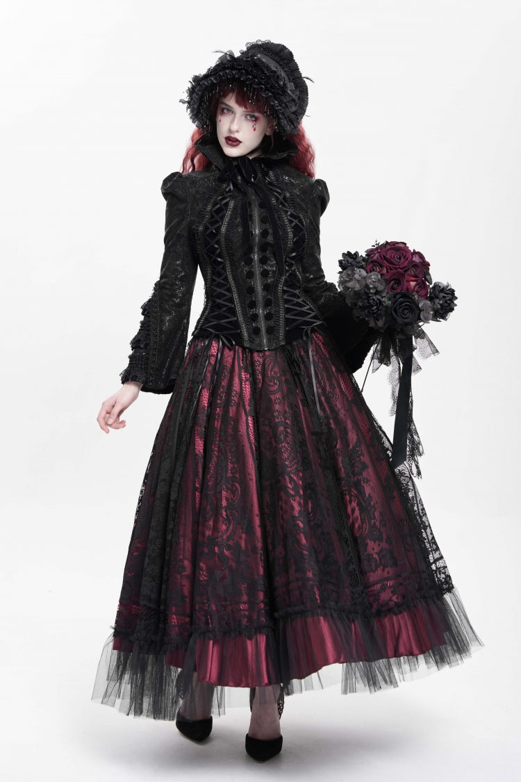 Black Lapel Collar Long Trumpet Sleeves Ruffle Lace-Up Zipper Women's Gothic Jacket