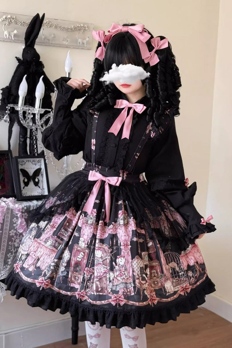 Black [The Case of the Missing Lamb] Print Ruffle Bowknot Lace Gothic Lolita SK Skirt