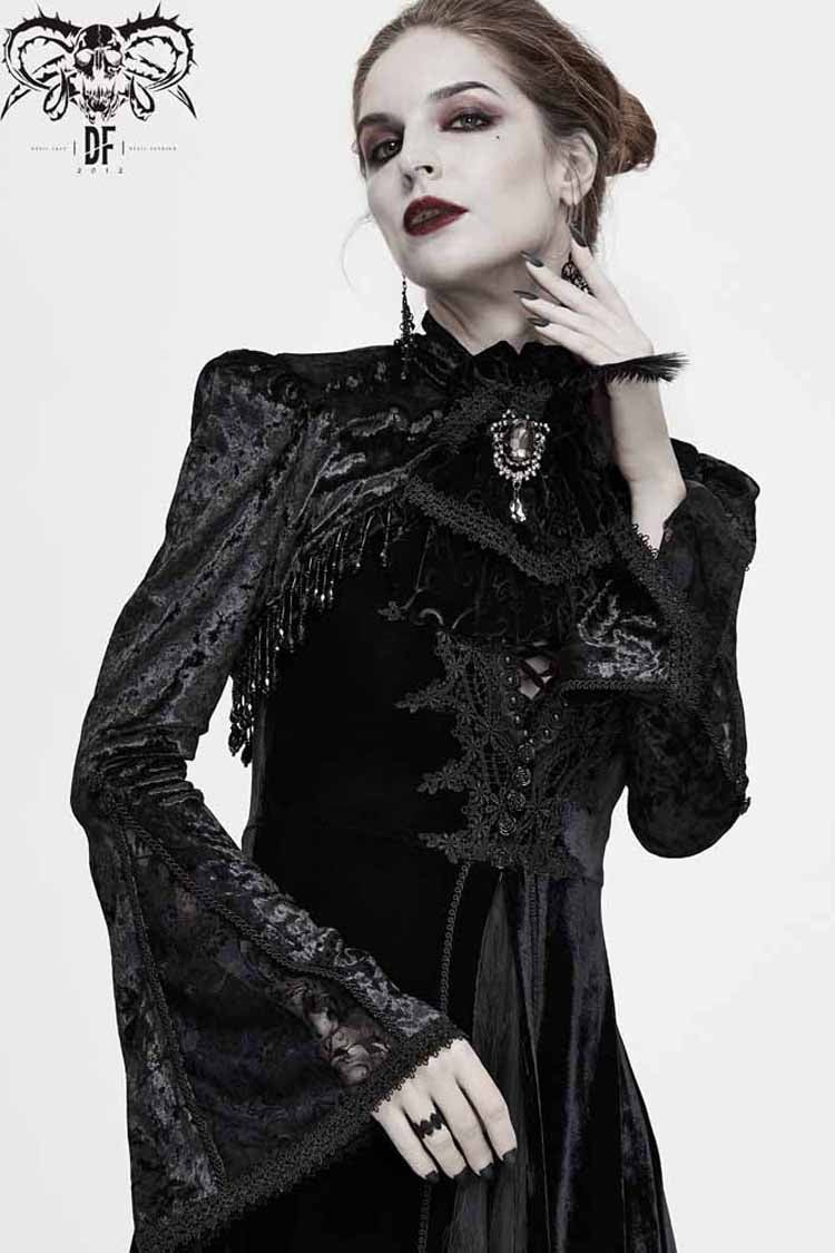 Schwarzer Spitzensamt-Blasen-Trompetenärmel-Gothic-Schal für Damen